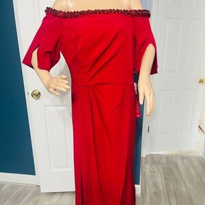 NWT - Adrianna Papell Women Beaded Off-Shoulder Floor Length Gown - Red Size 14